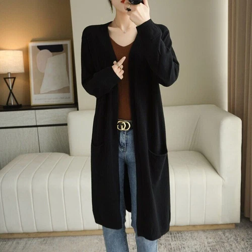 Damen Kaschmir Strickjacke Herbst Lang Strick V-Ausschnitt Wolle Mäntel Mittellang - Bild 5 von 26