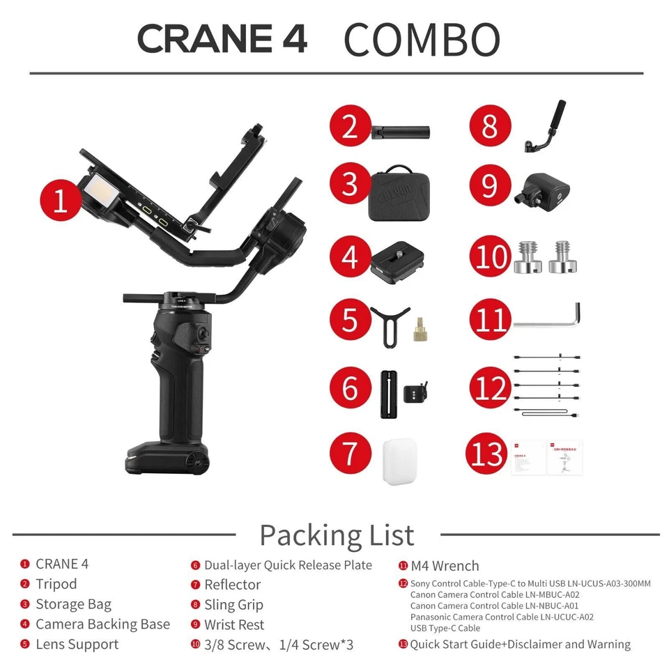ZHIYUN Crane 4 COMBO 3-Axis Gimbal Stabilizer for Mirrorless DSLR Camera Cinema - Image 2 of 4