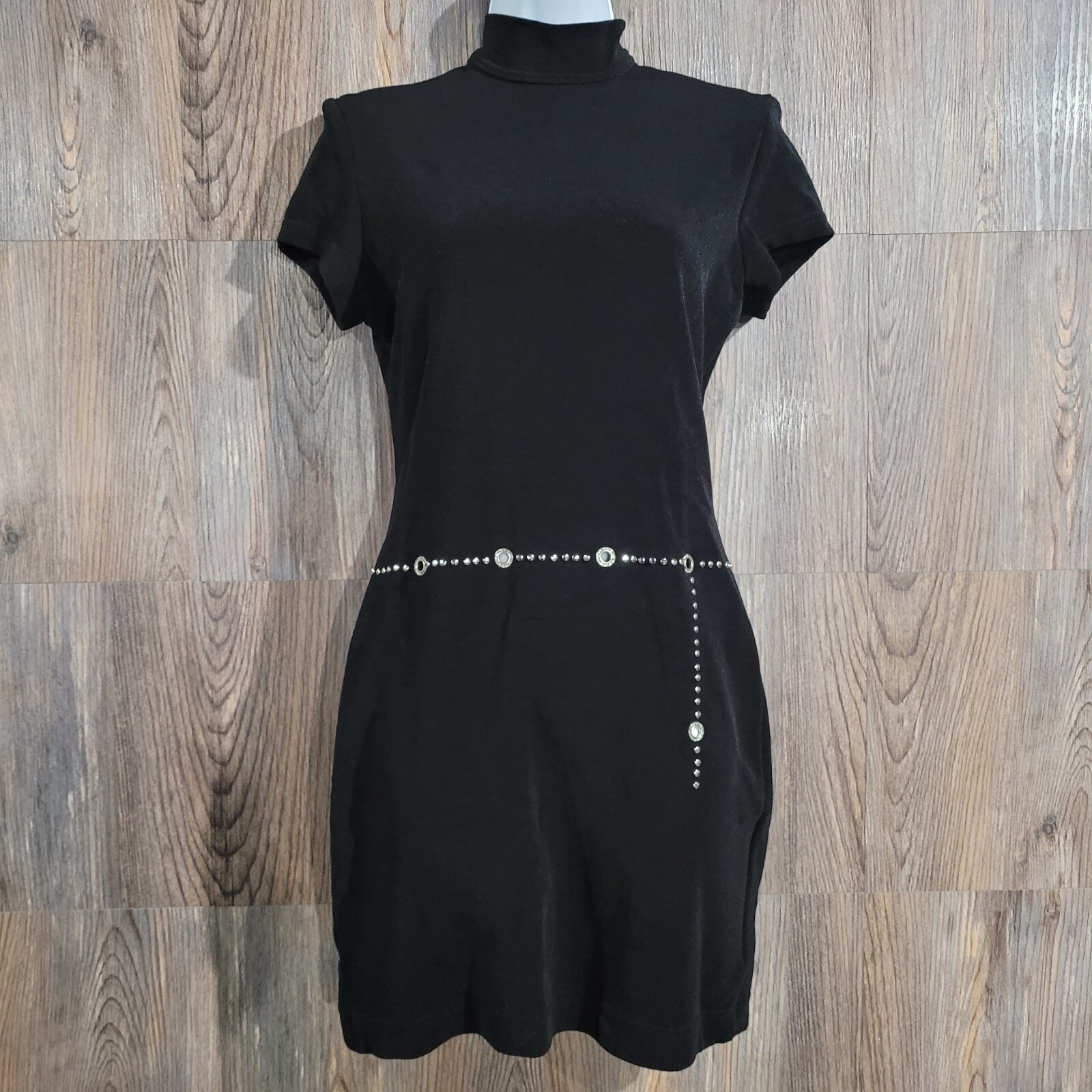 Vintage Tadashi Black Rhinestone Mock Neck Bodycon Cocktail Dress-image