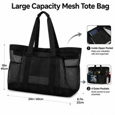 FAXHION Large Beach Tote Bag with Mesh Pockets, Zipper Closure