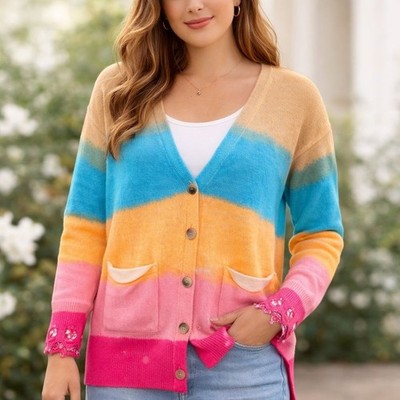 Colorful Gradient Long Cardigan Sweater Button Front Distressed Rainbow Layering