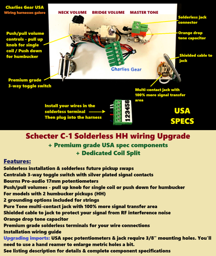 Schecter C-1 XXX Lötfreies HH-Verdrahtungs-Upgrade + dedizierter Spulen-Split + USA-Spezifikationen - Bild 1 von 12