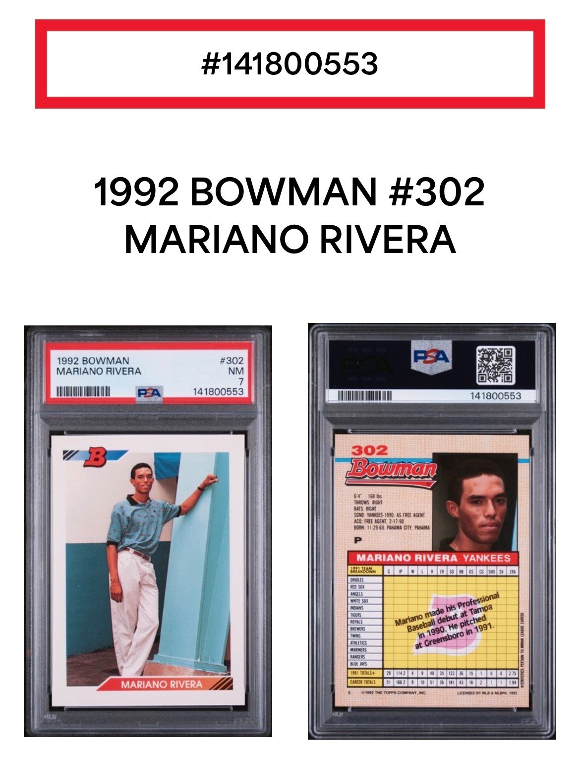1992 Bowman - Mariano Rivera #302 (RC) PSA 7 NM Yankees HOF Iconic Rookie Card view 5