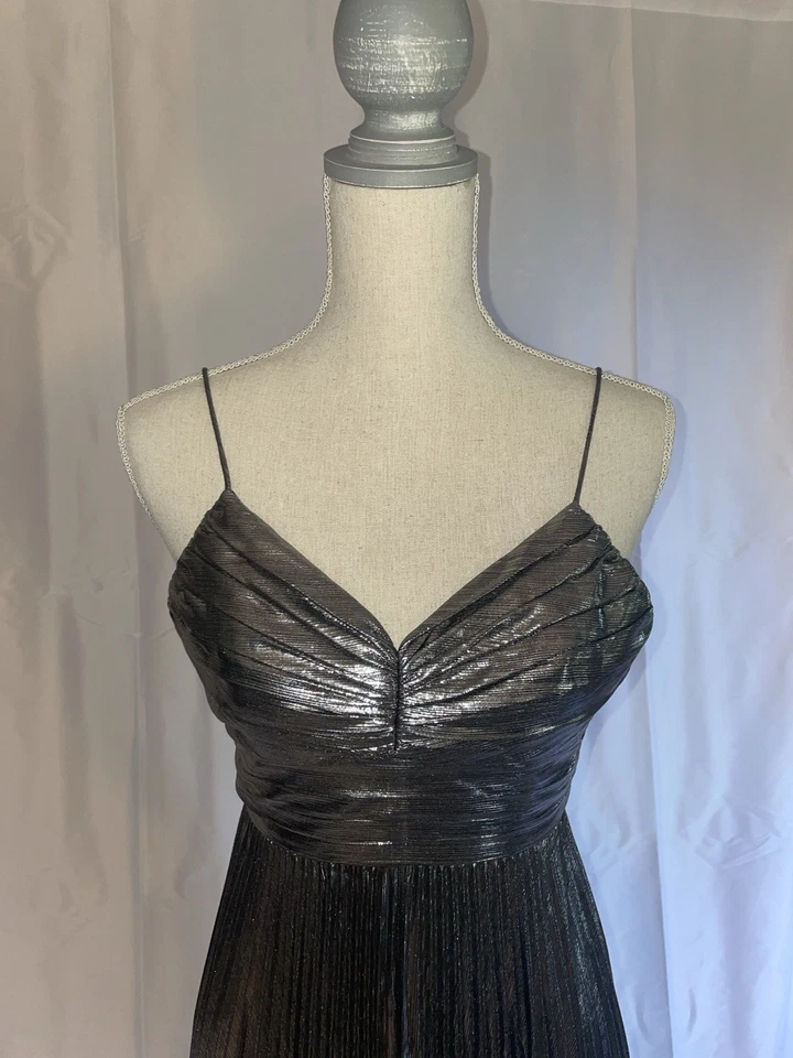 Retrofete Cherith Metallic Dress Silver Gunmetal Womens Maxi Gown XS Pleated - Image 3 of 4