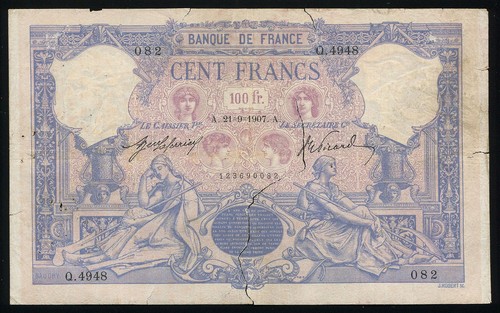 France - 100 Francs Banknote - 21-9- 1907 Blue on pink P-65e Laferrière Picard