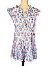 Oliphant Mini Soft Gauzy 100% Cotton Front Tie Neck Dress - Blue & Pink floral