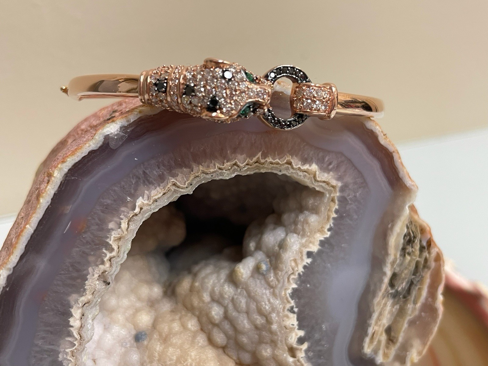 Effy 14K Rose Gold Diamond, Green & Black Stones Panther Bangle 7”