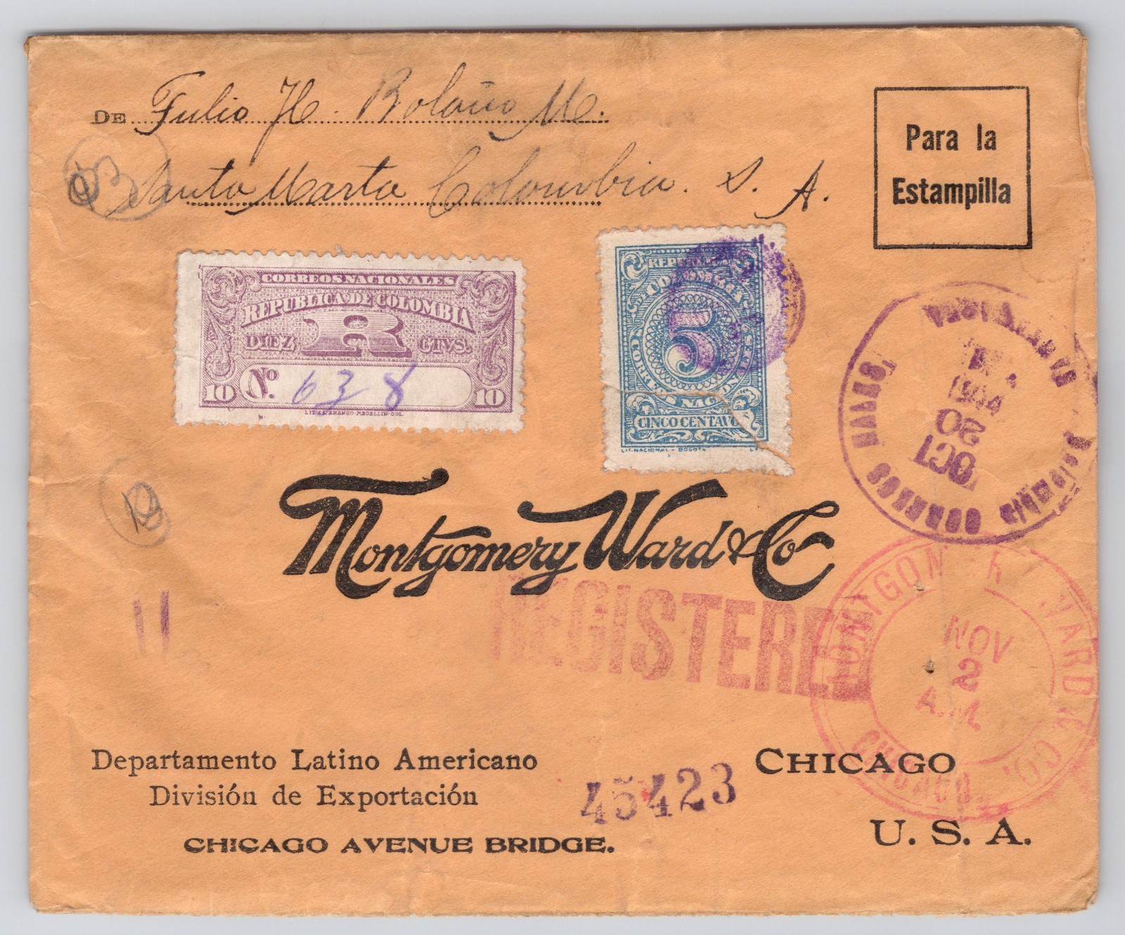 Colombia 1914 Registered Cover Barranquilla–Chicago Montgomery Ward