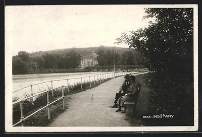 Piestany, Waterfront with Couple on a Bench, Postcard 