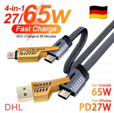 65W Schnellladekabel 4in1 USB Kabel für iPhone Samsung Handy Typ-C Ladekabel 