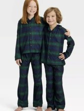 Kids Green Navy Plaid Button Front Pajama Set Size L 10/12 2-Piece Sleepwear