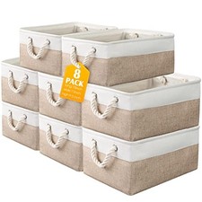 8 Pack Collapsible Storage Bins Fabric Storage Bins 15 x 11 x 9.5 In Beige