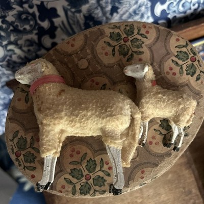 Two Vintage PUTZ Nativity Sheep Wool, w/Red Collars, Matchstick Legs As Found