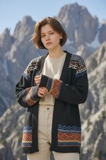 Vintage Beemohr Black Southwestern Cardigan Sweater Made in Korea 100 Acrylic L