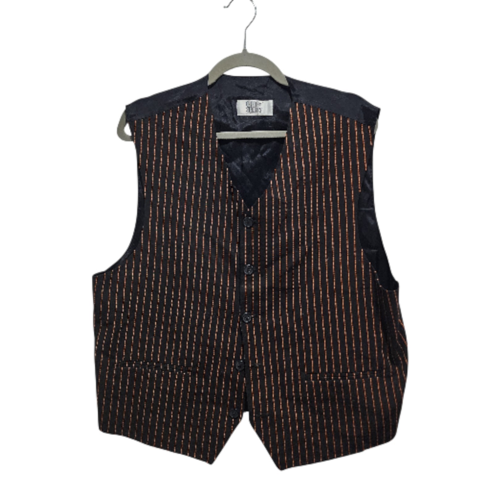 City Streets Men’s Black Orange Pinstripe Button Front Vest Vintage Formal