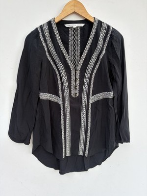 Veronica Beard Blouse 2 Black White Silk Embroidered Long Sleeve Shirt Top