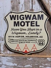 VINTAGE WIGWAM MOTEL PORCELAIN SIGN OLD ROUTE 66 ARIZONA TEEPEE HOTEL GAS STOP