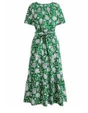 Green Floral Midi Dress Short Sleeve Belted Tie Closure Fit  Flare Casual