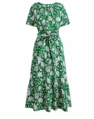 Green Floral Midi Dress Short Sleeve Belted Tie Closure Fit & Flare Casual  | eBay
