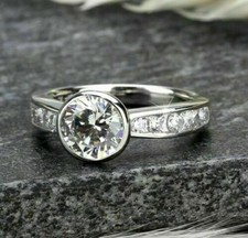 925 Silver Round Cut Simulated Diamond Bezel Set Modern Wedding Engagement Ring