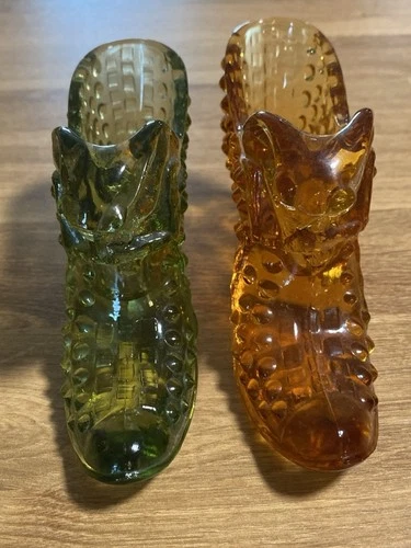 FENTON Hobnail Glass CATHEAD Slippers Shoes  Set (2) Olive Green, Amber Vintage