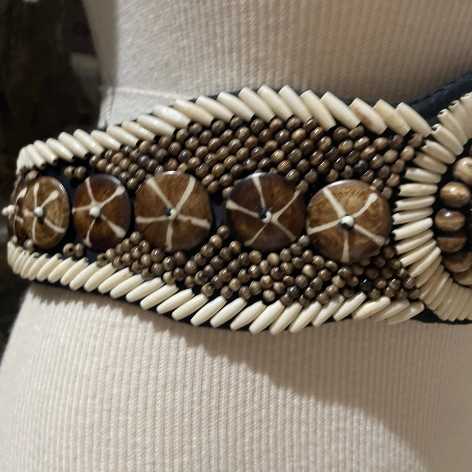 CULTURE SHOCK Hecho a Mano India por Refugiados Nuevo con Etiquetas $125 Madera Cuentas, Cinturón Faja Piedra Foto 3 de 4