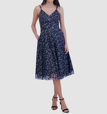 Eliza J Women's Blue Floral Sequins V-Neck Sleeveless A-Line Dress Size 8