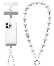Phone Charm Pearl Beaded with 2 Tether Tab, Detachable Cell Phone Lanyard Wr...