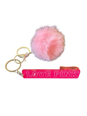  LOVE PINK , Pink Fuzzy Pom Pom Split Fob Acrylic Keychain with Clip