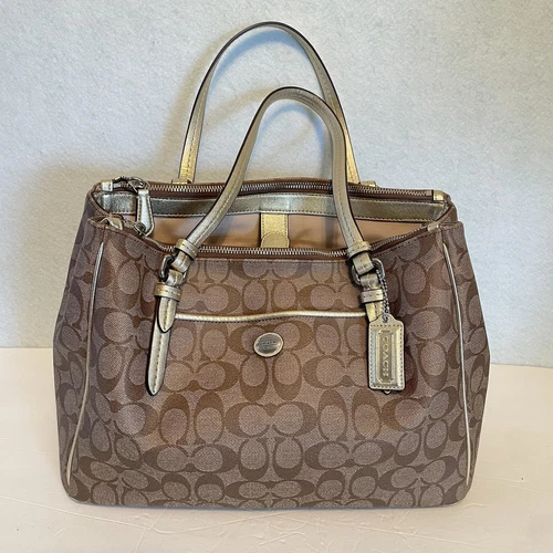 Borsa a mano Coach Peyton Signature Jordan doppia zip marrone oro