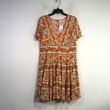 Bila Short Sleeve Paisley Floral Dress, Women's Size M - Orange/Cream
