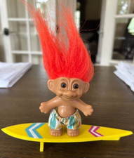 RUSS BERRIE VINTAGE TROLL 5" ON A SURFBOARD ORANGE HAIR