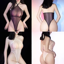 Women Jumpsuit Transparent Lingerie One Piece Bodysuit Party Sheer Sexy Halter