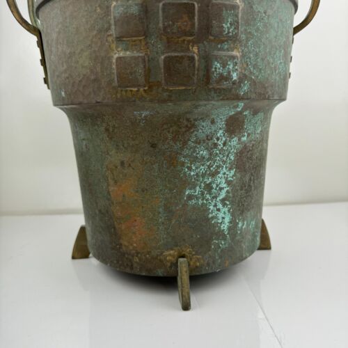 Antique Copper Pot Deep Hand Hammered Embossed High Handles Legs Patina Oxidized - Picture 3 of 22