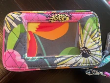 Vera Bradley Gray Pink Floral Zip Around Wristlet Wallet Purse 5.5x4x1.5 inch