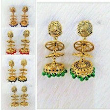Designer Peacock Gold Oxidized Earrings Jewellery Wedding triple Jhumka Jhunki