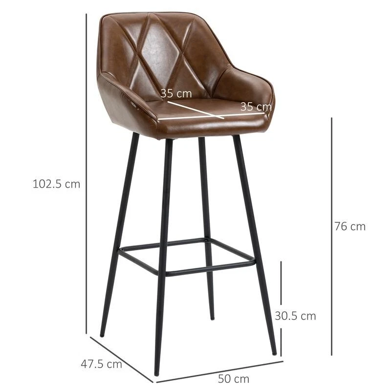 2x Faux Leather Bar Stools with Backrest Footrest Steel Legs for Home Bar - Image 3 of 4