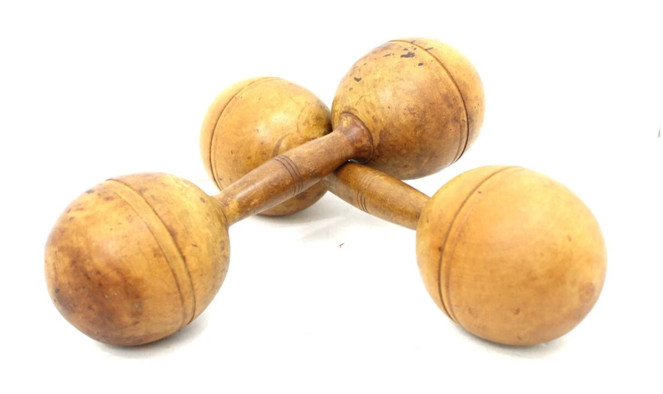 Par de mancuernas antiguas primitivas raras de madera maciza de los años 20 1# cada juego de pesas Foto 4 de 4