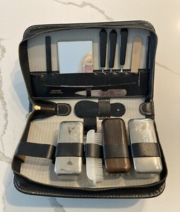Vintage Men’s Travel Grooming Kit Zippered Black Leather Case Western Germany