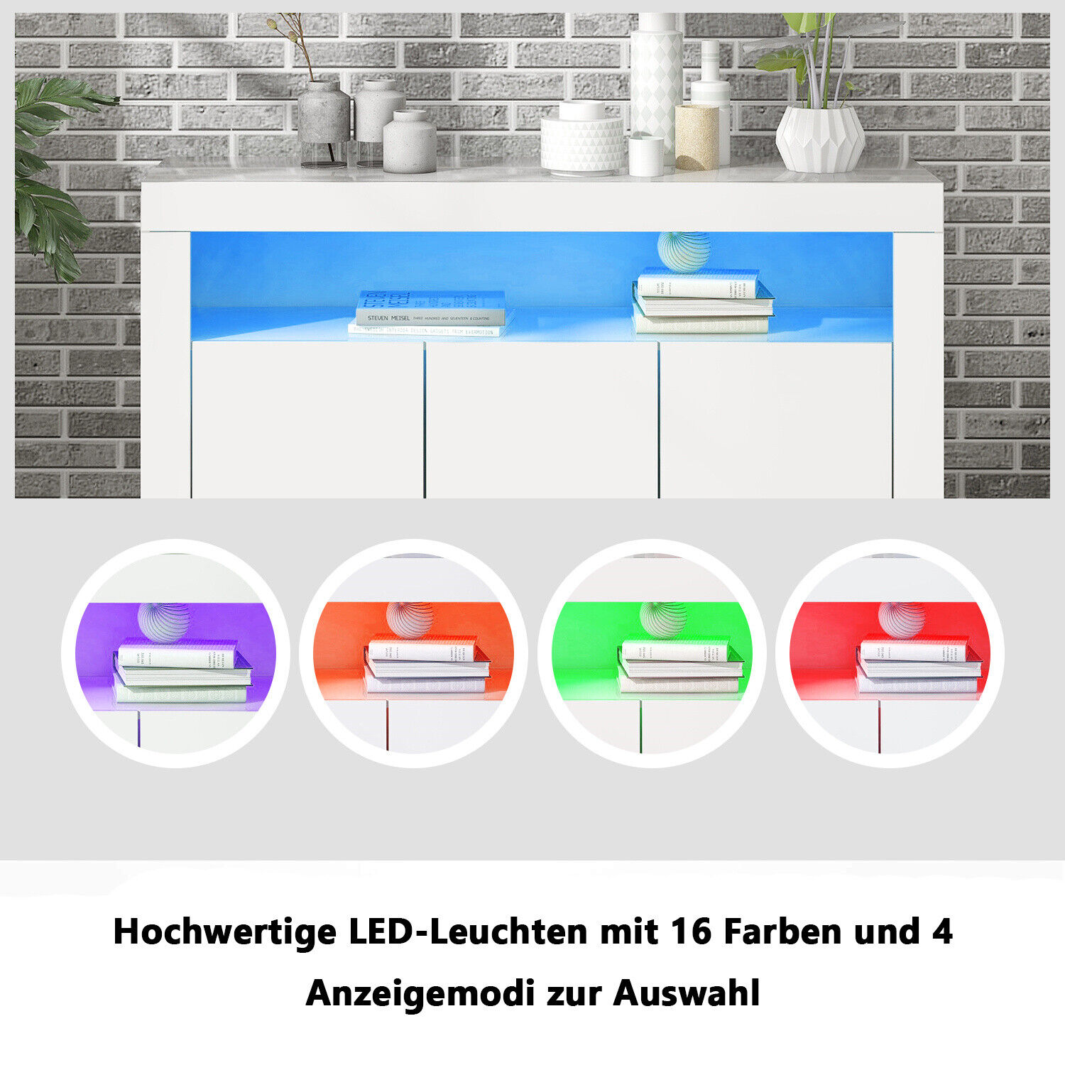 Sideboard Kommode Anrichte Highboard Weiß Hochglanz mit LED Beleuchtung merax