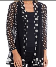 Multiples Black & White Polka Dot Color Block Sheer Cardigan, Med Nwt