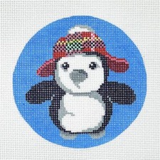 Hand Painted Needlepoint Canvas LB Designs xmas ornament Molly's Penguin in hat