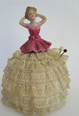 Half Doll Pincushion Ceramic Hatpin Holder Tiered Lace Skirt Vintage Hand Painte
