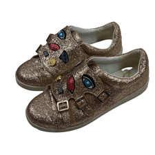 Sam Edelman Sneaker Gold Glitter Emoji Buckle Shoes Leather Comfort Girls Size 5