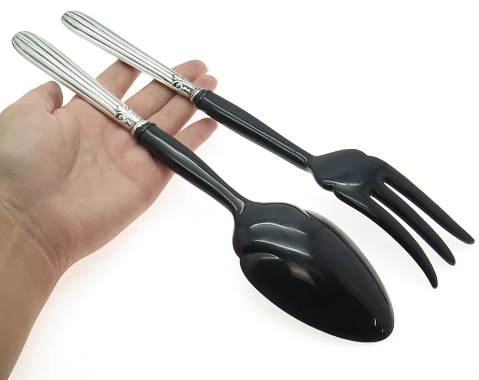 Juego de cuchara y tenedor para ensalada antiguo Art Deco Fleur de Lis de plata de ley 925 Foto 2 de 4