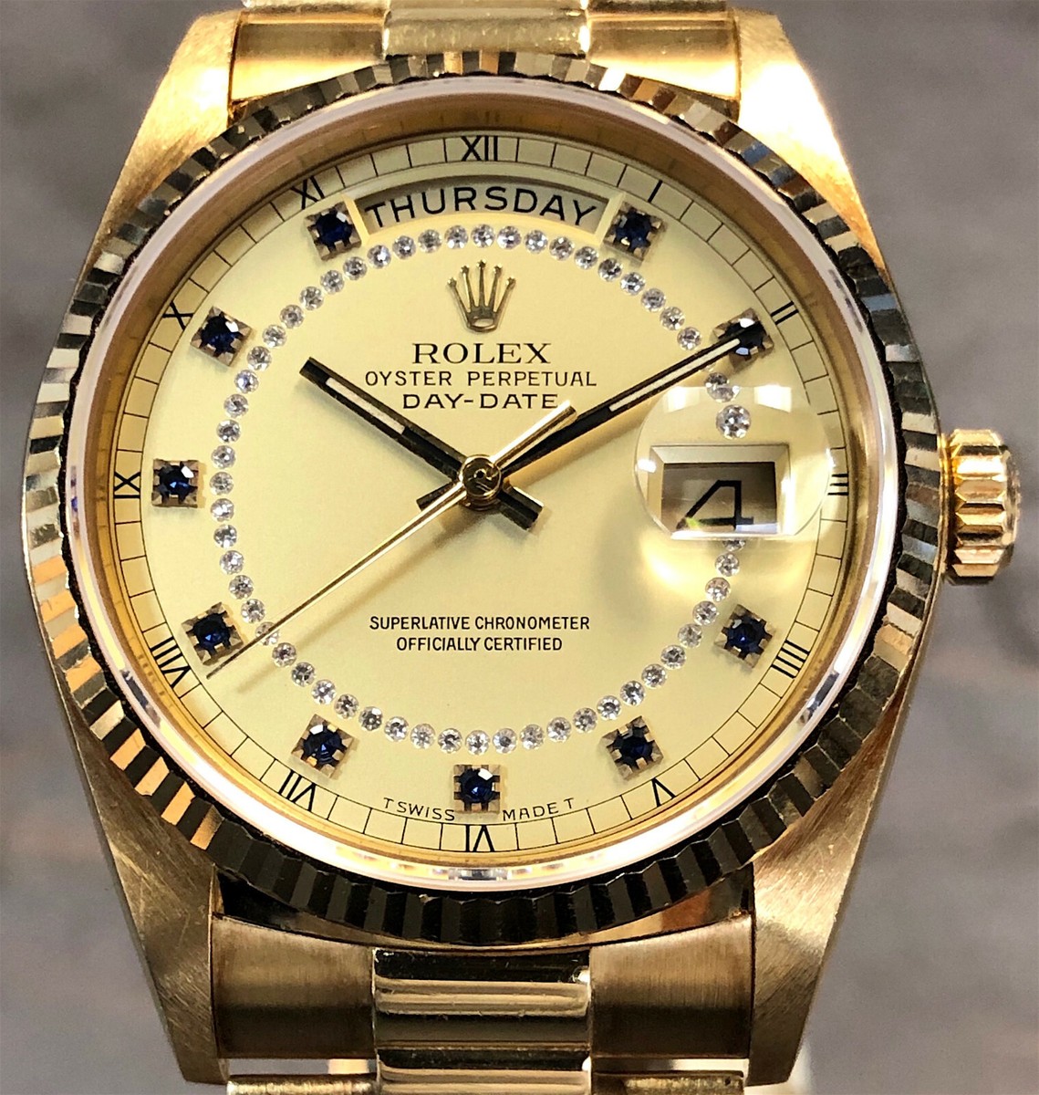 ROLEX DAY-DATE PRESIDENT 18038 18K YG SAPPHIRE & DIAMOND STRING