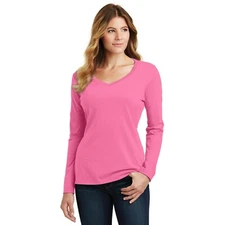 Port & Company LPC450VLS Ladies Long Sleeve Fan Favorite V-Neck Tee - New Pink