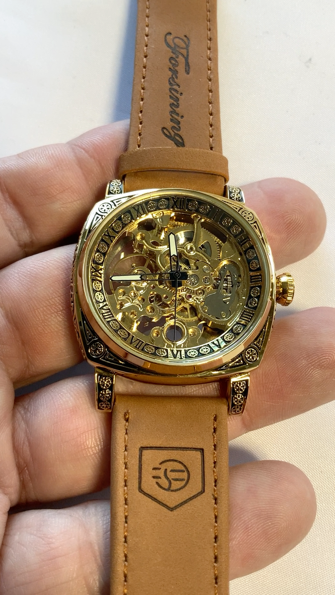 Forsining Men's Automatic Square Retro Carved Skeleton Luxury