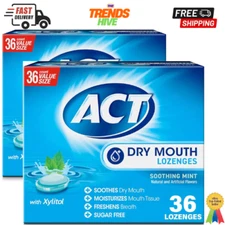 ACT Dry Mouth Lozenges With Xylitol, Soothing Mint Flavor, Two Pack of 72 Count.