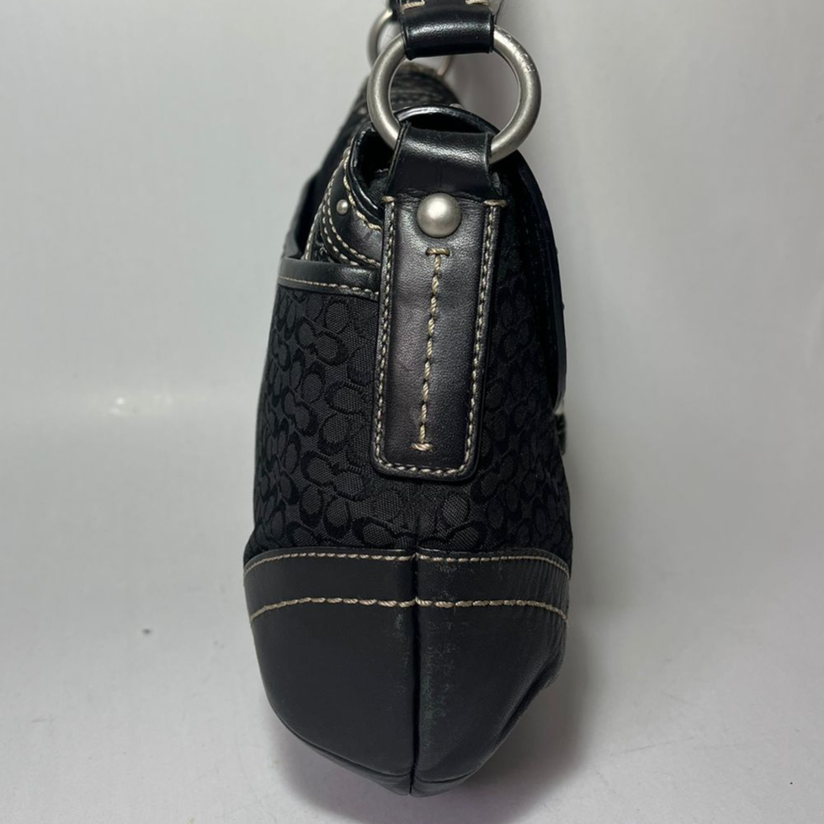 Coach Vintage Black Signature Suede Leather Studded Buckle Hobo